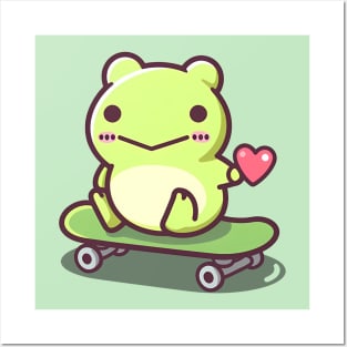 Cute Kawaii Frog On A Skateboard With A Heart Posters and Art